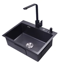 Кухонная раковина с одним слотом 4 мм толщиной 304 Нержавеющая сталь Черный нано-Антибактериальный кран wx05031445