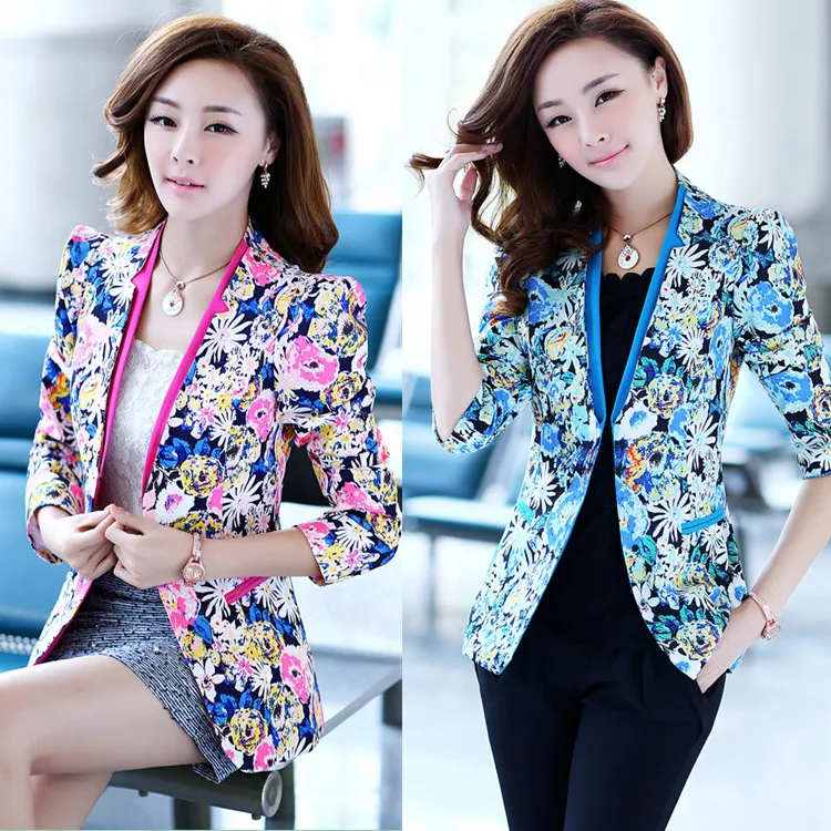 New 2016 Women Blazer Print Flower Outerwear Vintage Floral Blazer