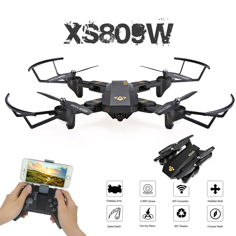 

Visuo XS809W XS809HW Mini Foldable Selfie Drone with Wifi FPV 0.3MP or 2MP Camera Altitude Hold & Headless Mode Quadcopter