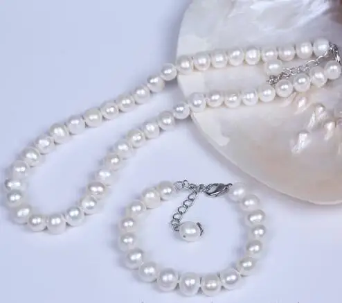 

Selling Jewelry>>>Stun 9-10mm Real Oval White Freshwater Pearl Necklace Bracelet Jewelry Set
