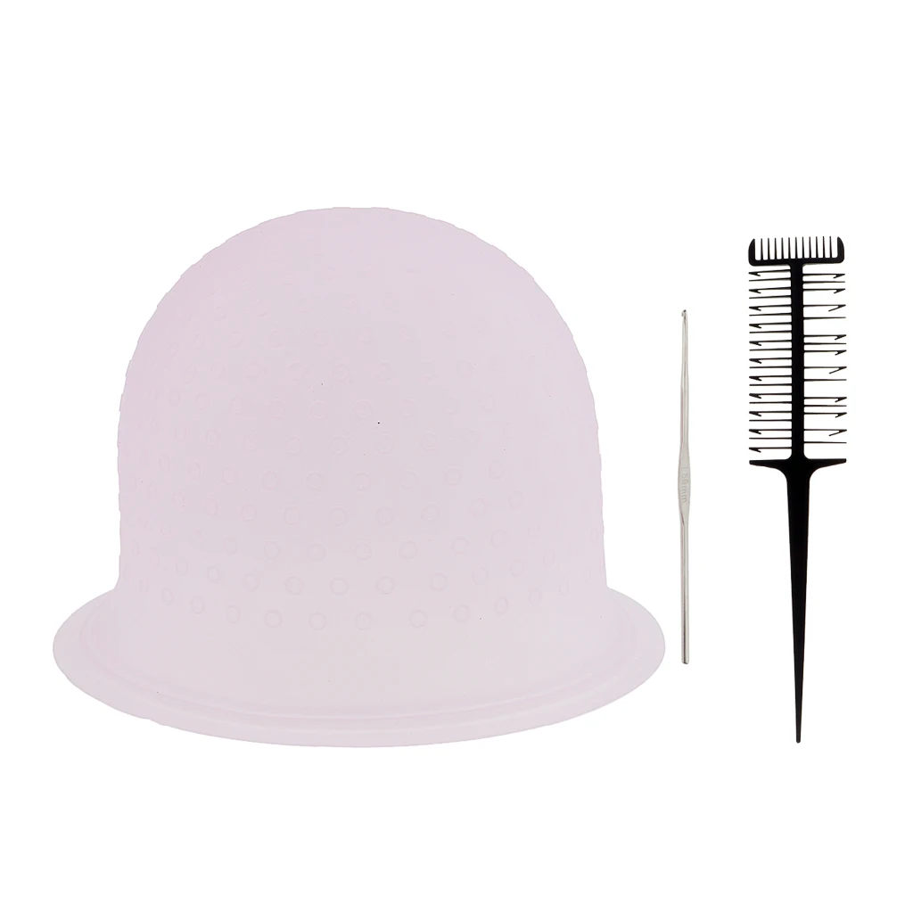 Reusable Salon Highlighting Dye Hair Coloring Frosting Cap + Metal Hook Pink+ 3 Way Sectioning Weave Highlighting Comb