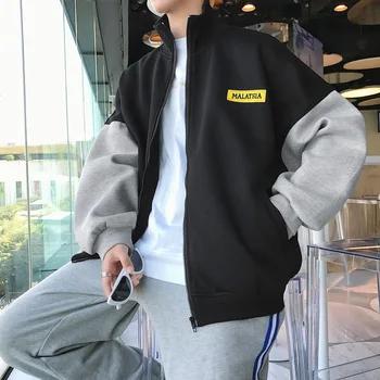 

Men's High Street Jackets Splice Pattern Stand Korean Newest Collar Loose Casual Black Grey Color Tide Jackets Coats Autumn 2018