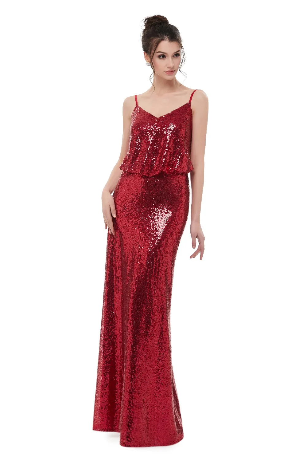 Elegant Wine Red Sequins Spaghetti Straps Long Bridesmaid Dress