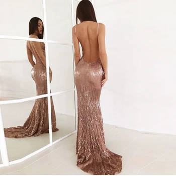 

sexy Deep V Neck Sequined Evening maxi dress Backless prom dress sleeveless floor length mermaid dress gown