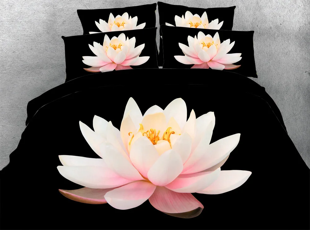 Pink Lotus Print Black 4 Pcs 100 Cotton Duvet Cover Sets 3d Flowers