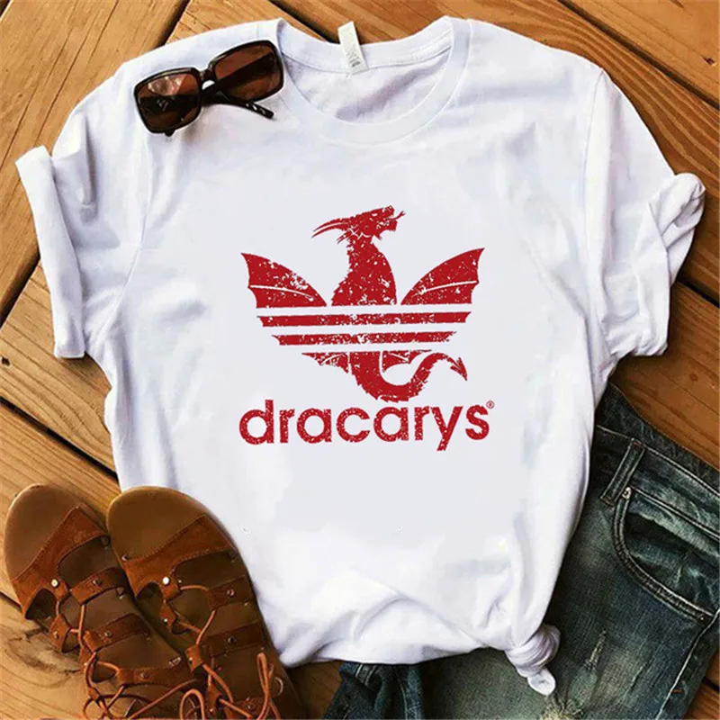 Showtly Dracarys GAME OF THRONE Female T Shirt Women Summer Dragon Print White Casual Plus Size Streetwear Fashion T shirt - Цвет: XWT0012-6-white