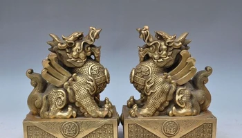 

10" china Fengshui brass evil spirits Brave troops dragon head wing beast statue