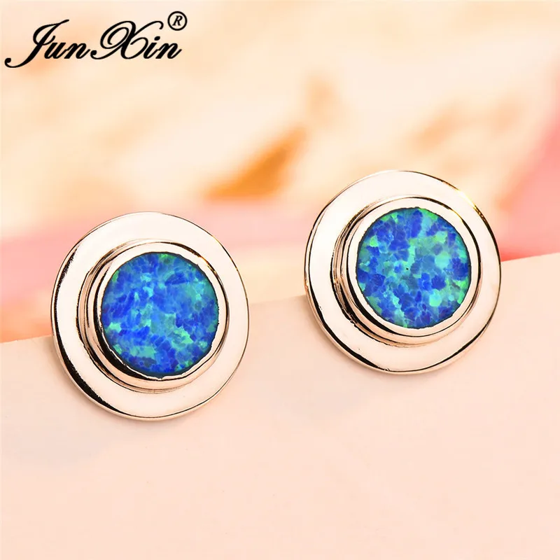 JUNXIN, 925 пробы, заполненные серебром, круглые серьги-гвоздики для женщин, сине-белые серьги с огненным опалом, женские свадебные пирсинг, ювелирные изделия