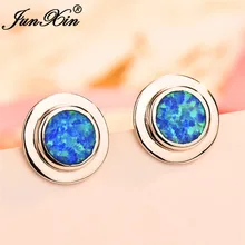 JUNXIN, 925 пробы, заполненные серебром, круглые серьги-гвоздики для женщин, сине-белые серьги с огненным опалом, женские свадебные пирсинг, ювелирные изделия