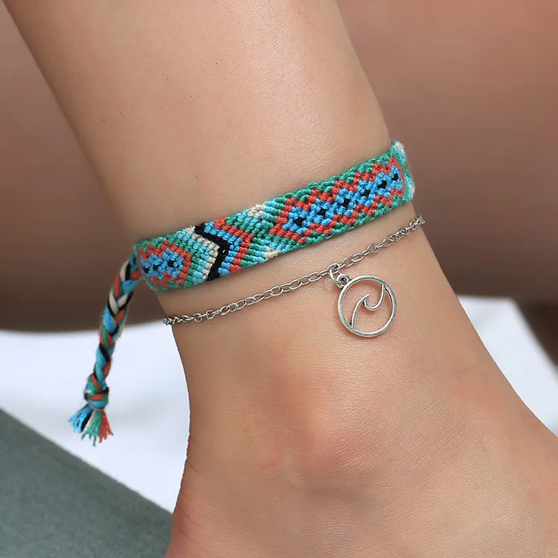 

2 PCS/Set Vintage round Weave Anklets For Women 2018 New Handmade Cotton braided Anklet Bracelets Female Beach Foot Jewelry Gift