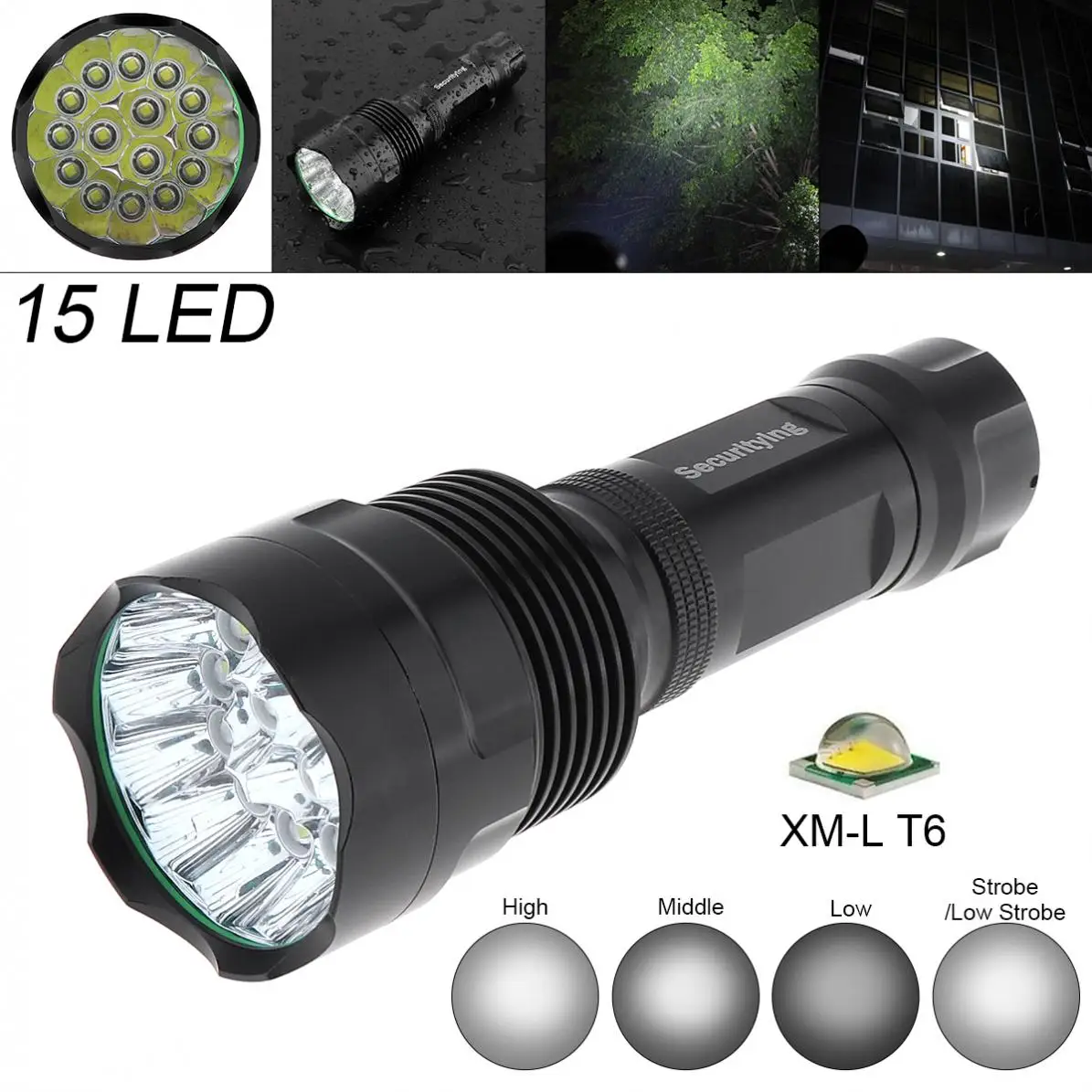 

SecurityIng Waterproof Flashlight 5000LM 5 Modes Light 15x XM-L T6 LED Torch Support 18650 Rechargeable Battery