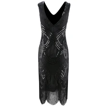 Vintage Vestidos 1920s Flapper Great Gatsby Party Dress Women's Retro Beaded Sequined Floral Fringed V Neck V Back Black Dress