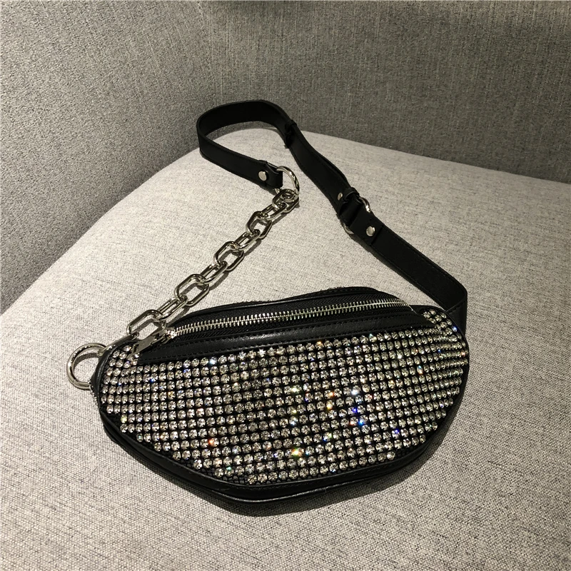 

Good Quality Fashion Design Pu Diamond Women Casual Pockets Shoulder Bag Chain Bag Pack Belt Bag Female Waist Bag Bolsa Flap