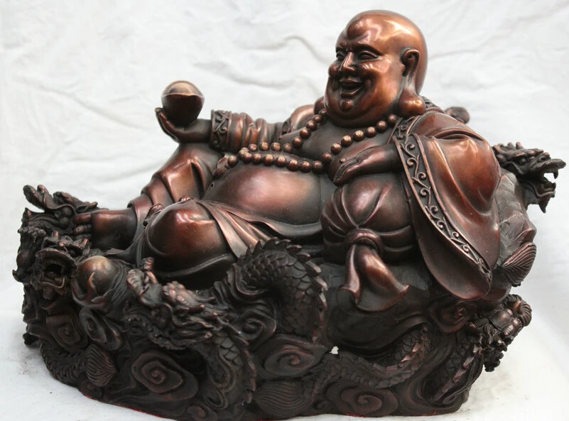 

150610 S1679 10" China Chinese Pure Bronze Happy Laugh Maitreya Buddha On 9 Dragons Statue
