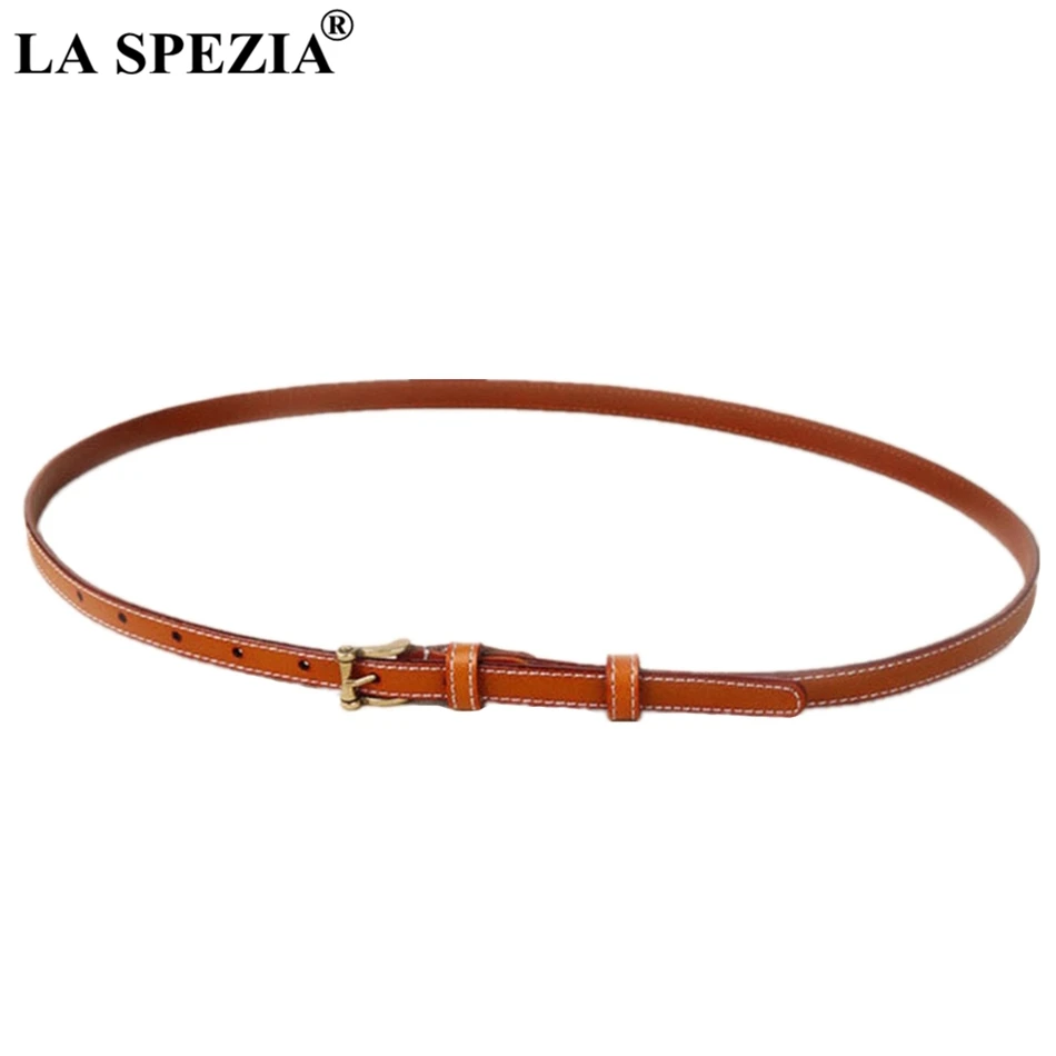

LA SPEZIA Thin Belt Women Real Leather Cowhide Pin Belt Ladies Camel Classic Real Leather Italy Brand Female Narrow Jeans Belts