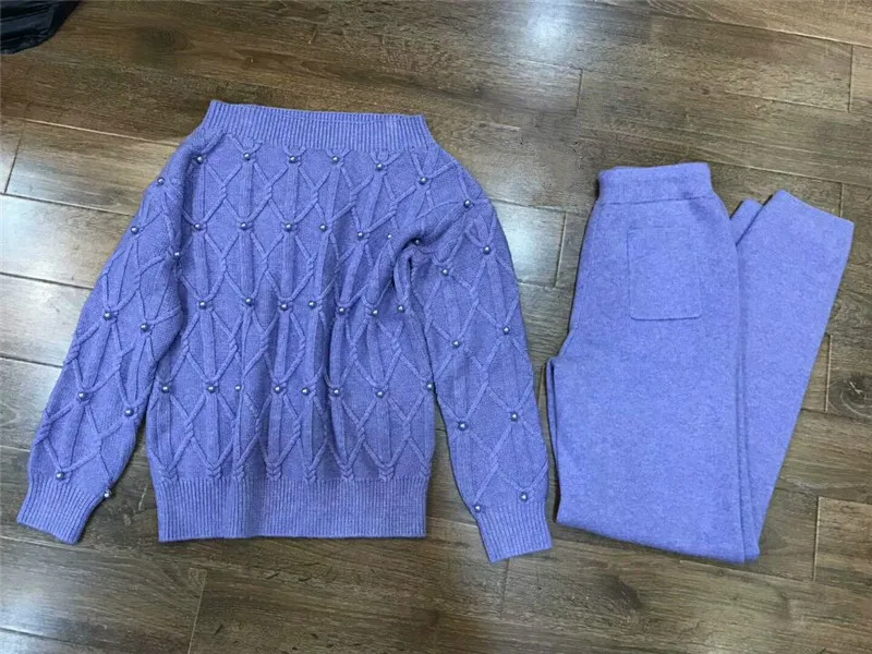 Mot blanc Laine 2018 Épaule Automne pièce beige Chandail 2 D'hiver Femmes Pantalon Et Main pourpre Tricot Suit perlé Vison piece Deux Blue Survêtements Sky rose vp1Pwqxw