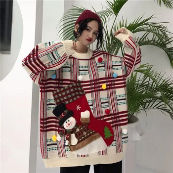 

Winter Fashion Women Christmas Sweaters O Neck Long Sleeve Knitted Pullovers Santa Claus Big Pocket Sweaters Tops Female Jumpers