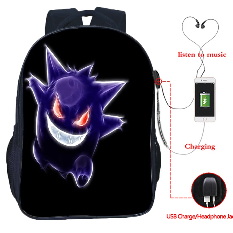Покемон рюкзак Мьюту Eevee Gengar для мужчин и женщин, для мальчиков и девочек, туристический рюкзак для мужчин и женщин, зарядка через usb, школьная книга Mochila