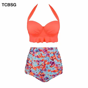 

TCBSG 2019 New Push Up Bikini Set Sexy Women Bikinis Swimsuit Halter Print Retro Bathing Red Swim Wear Solid Pius Size Swimwear