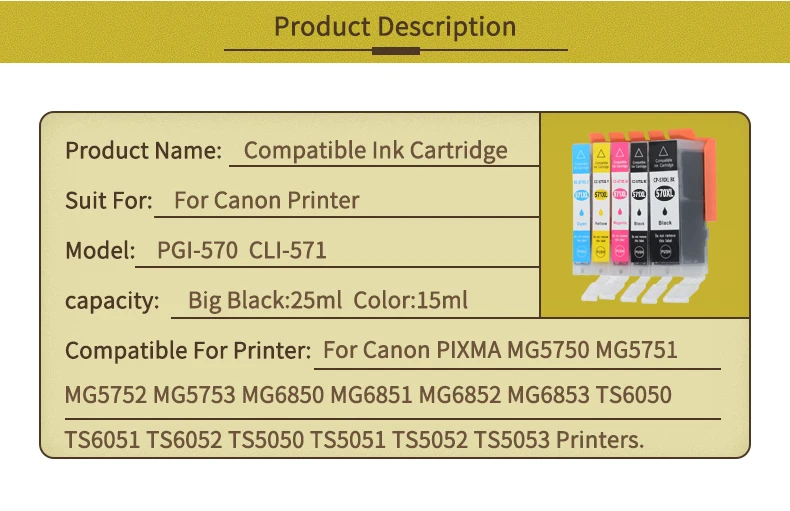 15 шт. PGI570 PGI 570 совместимые чернильные картриджи для Canon PIXMA MG5752 MG6850 MG6851 MG6852 TS6050 TS5050 принтер