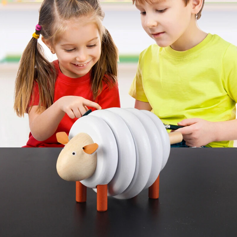 

Wooden Blocks Baby Educational Toys for Children Cute Cartoon Sheep For 2-3-4 Years Old Kids Color Classification Gift