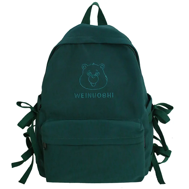 Female Embroidery Cute Backpack Bear Nylon Women School Bag For Girl Student Backpack Kawaii waterproof book Bag Fashion Teenage - Цвет: green