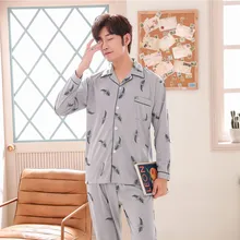 Мужские пижамные комплекты, хлопковые, простые, одноцветные, синие, серые, пуговицы для кардигана, высокое качество, весна-осень, домашняя одежда, костюмы, L-XXXL