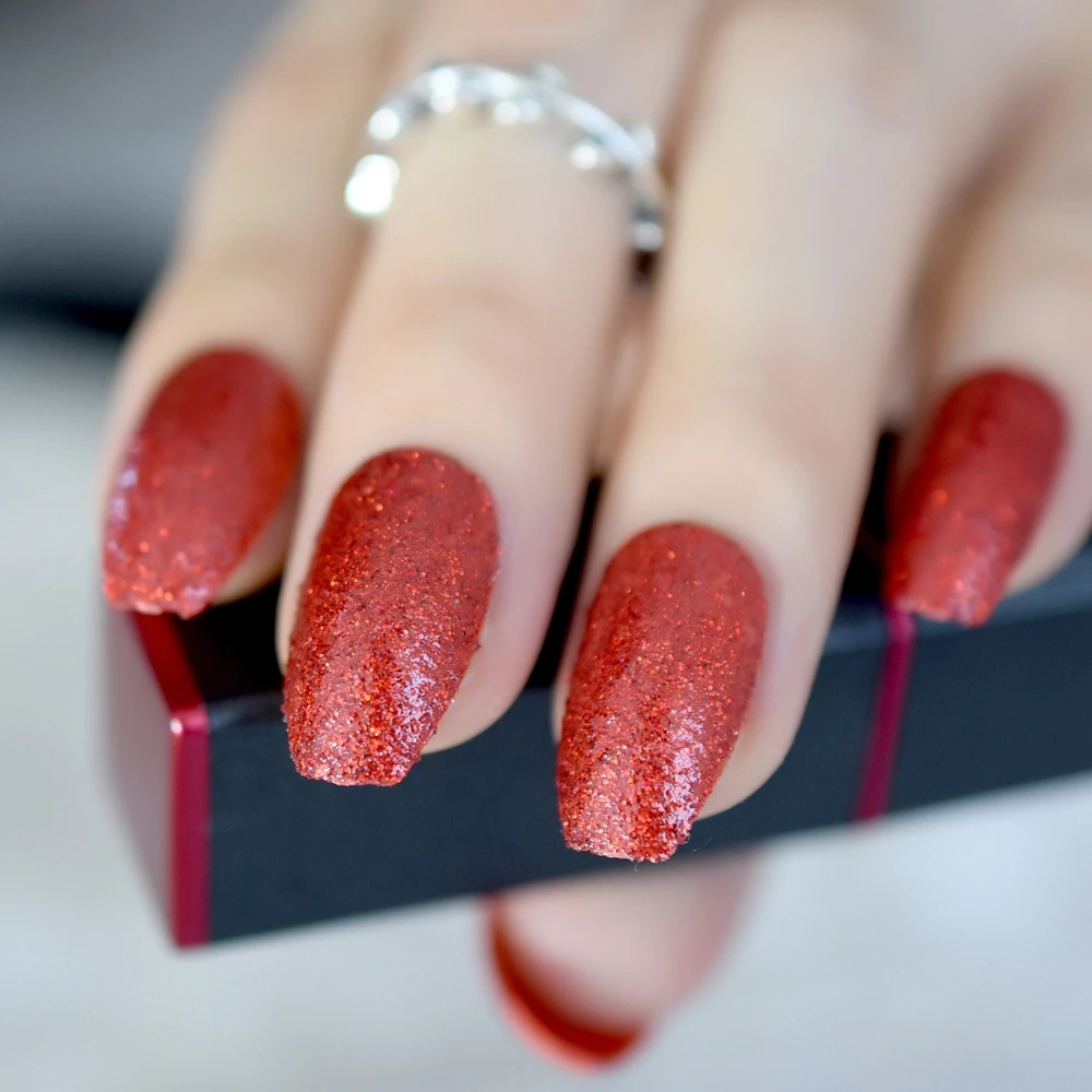Deep Red Glittery Coffin False Nails Color Square Nail Kit Medium Artificial Nail Tips Gorgeous Glitter Nails False Nails Aliexpress