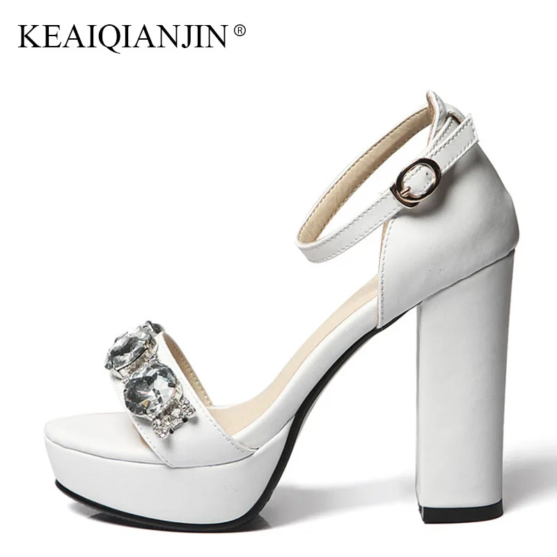 

KEAIQIANJIN 2018 Woman Rhinestone Sandals Genuine Leather Fashion Party Shoes Sexy Big Size 33 42 Black White High Heeled Sandal