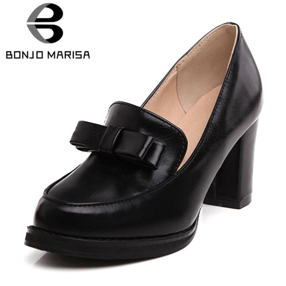 

BONJOMARISA 2019 Spring New Plus Size 32-47 Office Lady Shallow High Heels Pumps Women Bowtie Platform Shoes Woman slip-on Shoes
