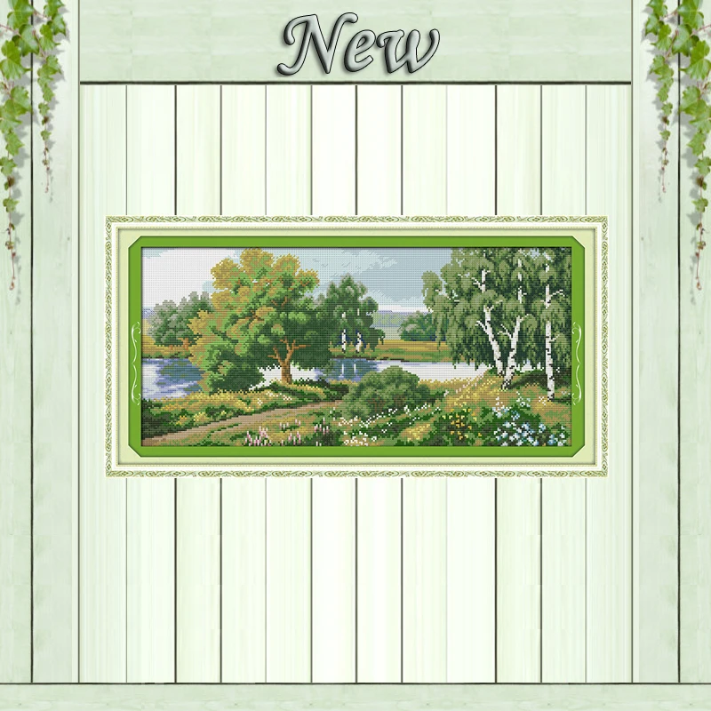 

Trees along the river country town Scenery,Counted print on canvas DMC 14CT 11CT NKF Cross Stitch Needlework kit Embroidery Set