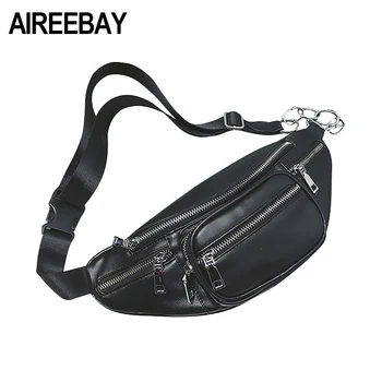 

AIREEBAY Black Fanny Pack Female PU Leather Waist Bag For Women 2020 New Designer Chest Bag Street Punk Style Bum Bag