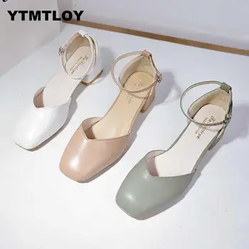 

2019 Zapatos Mujer Women Pumps Ankle Strap Thick Hoof Heel Shoes Square Toe Mid Heels Dress Work Comfortable Ladies 5cm Green