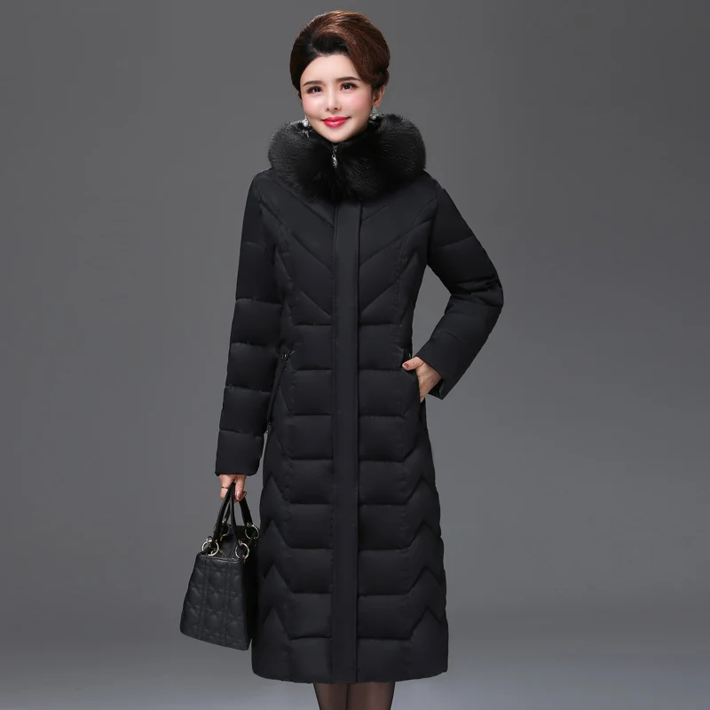 Высокое качество зимняя куртка женская теплая плотная X-long тонкая женская парка зимняя одежда с капюшоном из искусственного меха Женское пальто - Цвет: Черный