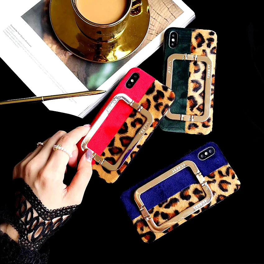 

Big Metal Square Handle Cases For iPhone X XR XS MAX Fashion Plush Leopard Print Phone Case For iPhone 8 7 7plus 6 6s 6plus