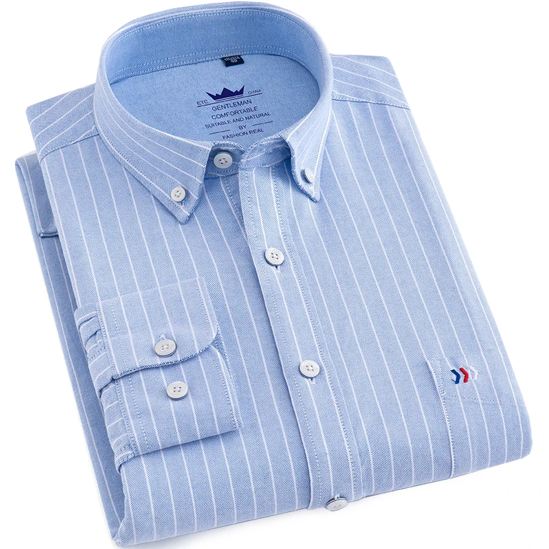 Langmeng 100 cotton oxford casual shirt men brand fashion striped
