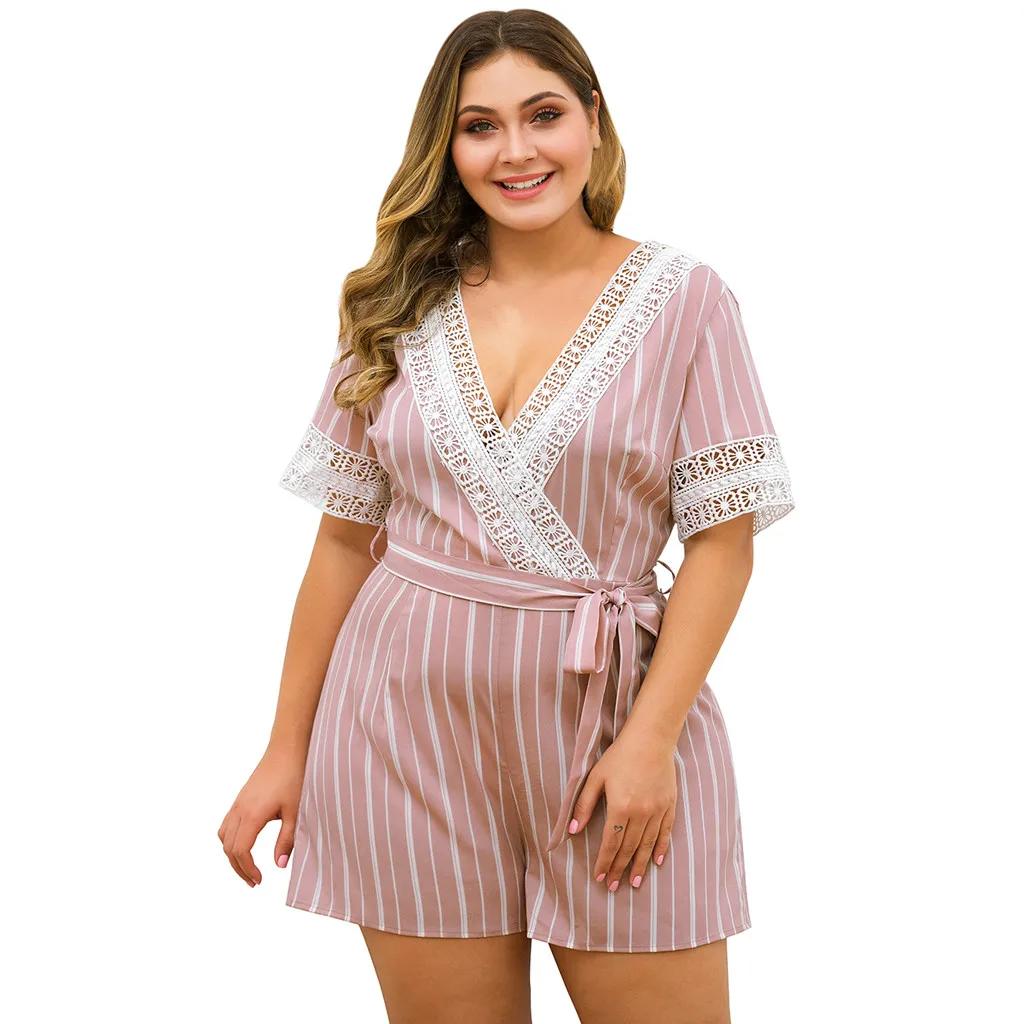 Women Plus Size Playsuit Salopette Femme V-Neck Short-Sleeved Belt Stripes Printing Lace Up Hollow Out Short Jumpsuit Playsuit