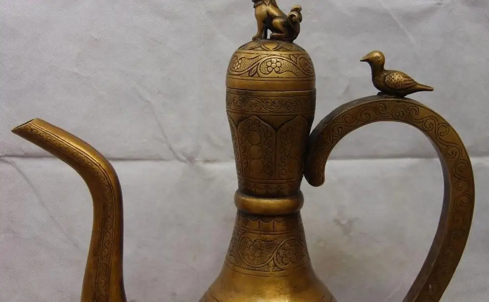 Китай дворец медь латунь Foo Собака Лев птица чайник бутылка колба с винным