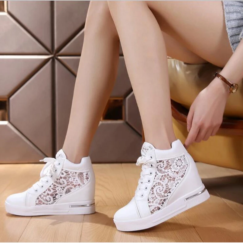 

Women Wedge Platform Rubber Brogue Leather Lace Up High heel Shoes Pointed Toe Increasing Creepers White Silver Sneakers C130