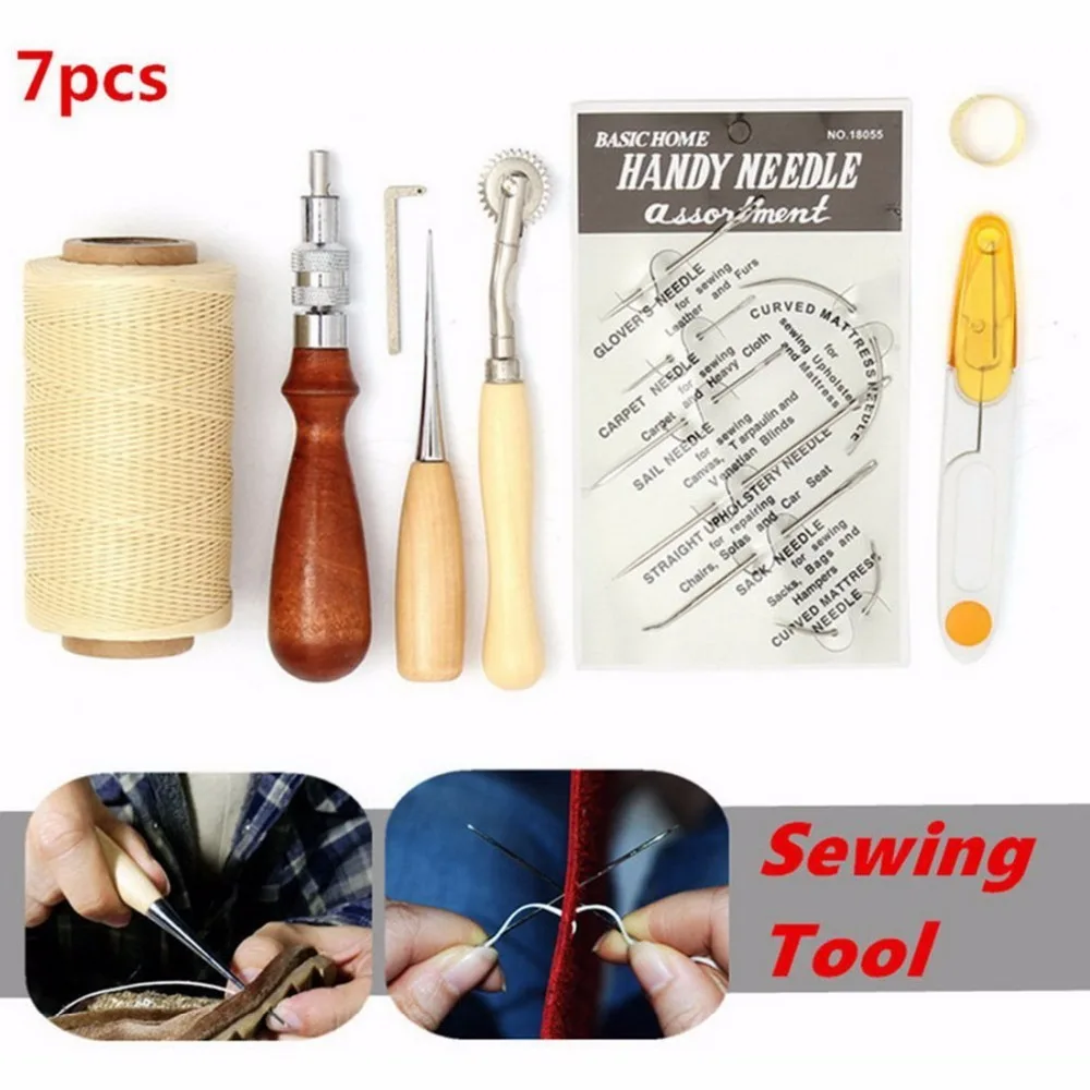 7 Pcs DIY kits Leather Craft Hand Stitching Sewing Tool Set Thread Awl