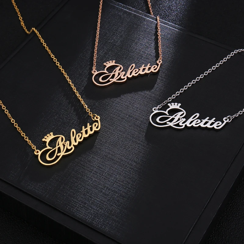 

Personalized Name Crown Necklace Handmade Customized Cursive Font Nameplate Pendant Necklace Stainless Steel Chain Jewelry