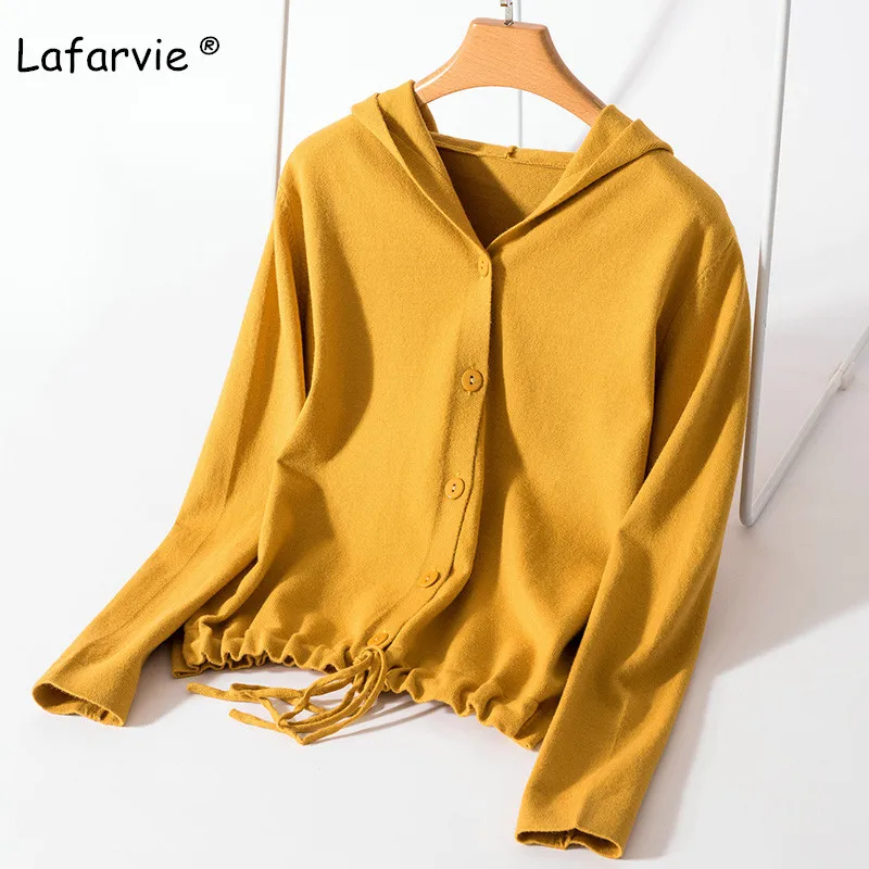 Lafarvie Spring Autumn Plus Size Knitted Hooded Cardigan Sweater Women Long Sleeve Casual Sweater Female Solid Color Oversize