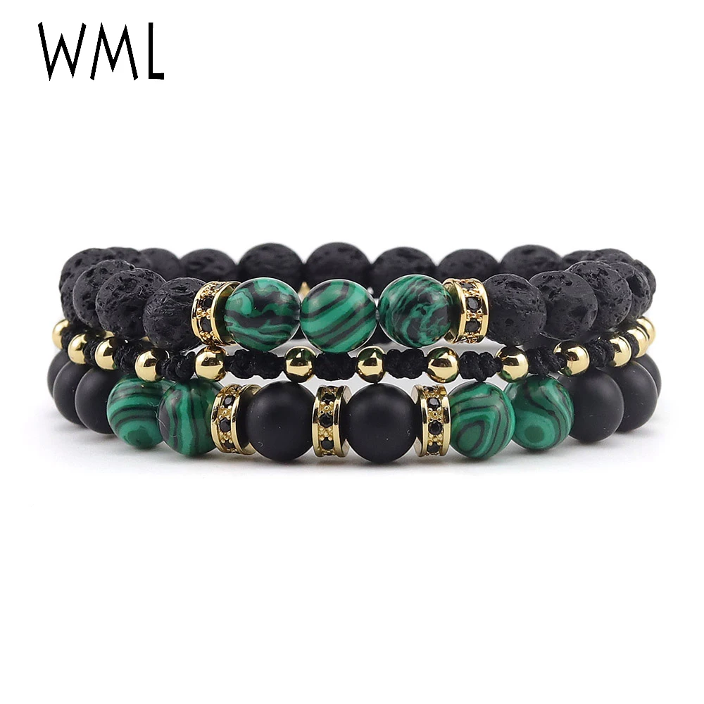 3pcs/Set Luxury CZ copper Charm mens Bracelet Braided macrame Malachite natural stone beads bracelets &amp bangles for Men Jewelry |