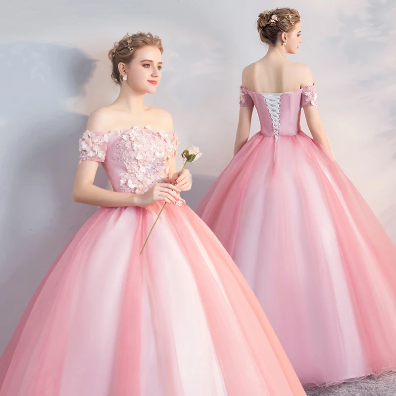 Розовые платья Quinceanera 3D цветы с открытыми плечами с юбкой из тюля; бальное платье, vestidos De 15 Anos, удлиненные сладкий 16 платья дешевые