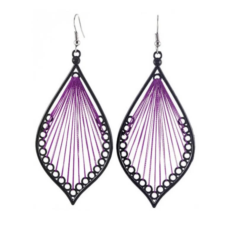 

JEPHNE Fashion Purple Leaf Handcraft Thread Dangle Earrings National Leaf Wire Thread Big Dangle Earrings Purple Earrings Gifts