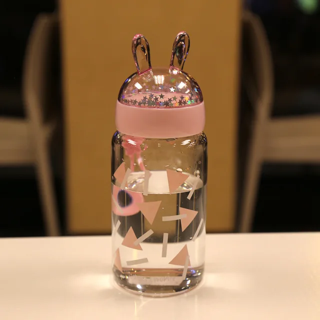 Мультяшная портативная стеклянная бутылка для воды милые звезды блестки микро-ландшафтное стекло детская бутылка для воды 360 мл короткая женская посуда для напитков - Цвет: 1
