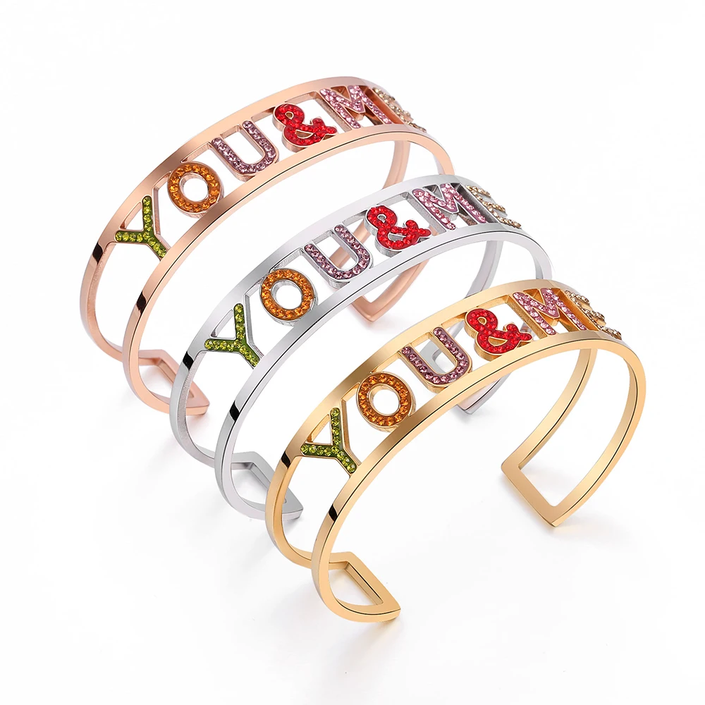 

Colorful Crystal Letter You & Me Bangle Gold Rose Steel Color Women Stainless Steel Bracelets & Bangles 2019 New Fashion Jewelry