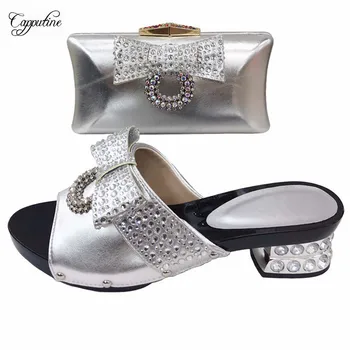 

Elegant silver pump shoes and evening handbag sets with stones 530-1 heel height 5.5cm