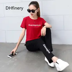 DHfinery спортивная одежда комплект из двух предметов Женская летняя обувь Повседневная коротким рукавом Футболка и брюки синий серый красный