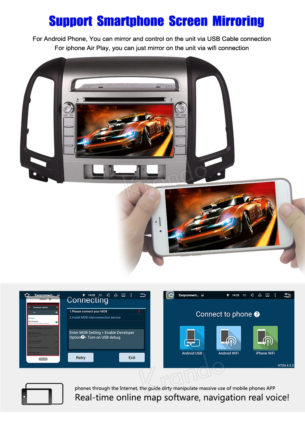 Best Krando Android 9.0 car radio gps 2 din car dvd player for hyundai santa fe 2006-2012 3 Hole car multimedia navigation system 4